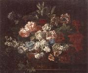unknow artist Still life of various flowers,in a wicker basket,upon a stone ledge USA oil painting reproduction